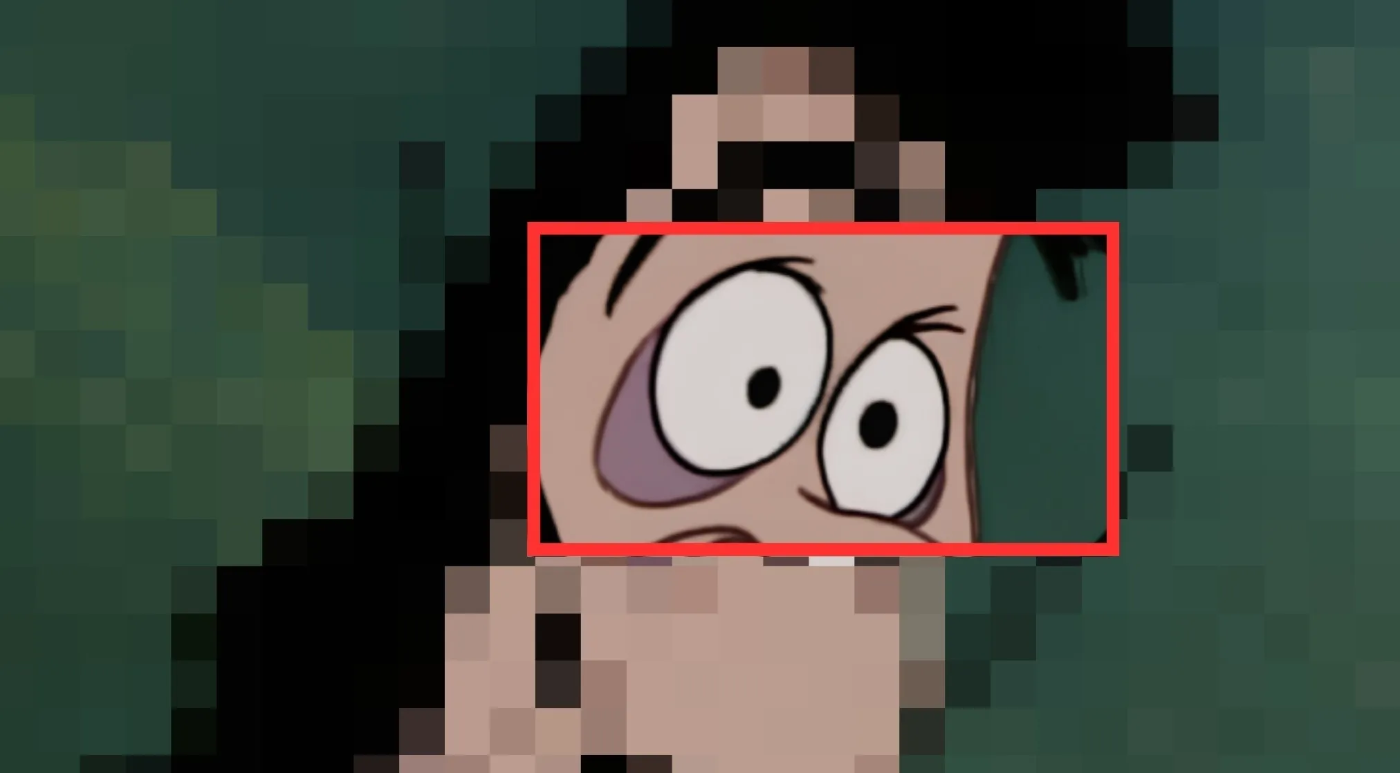 Close-up of a Disney Character's wide, expressive eyes, surrounded by pixelated hair and background for a guessing game.