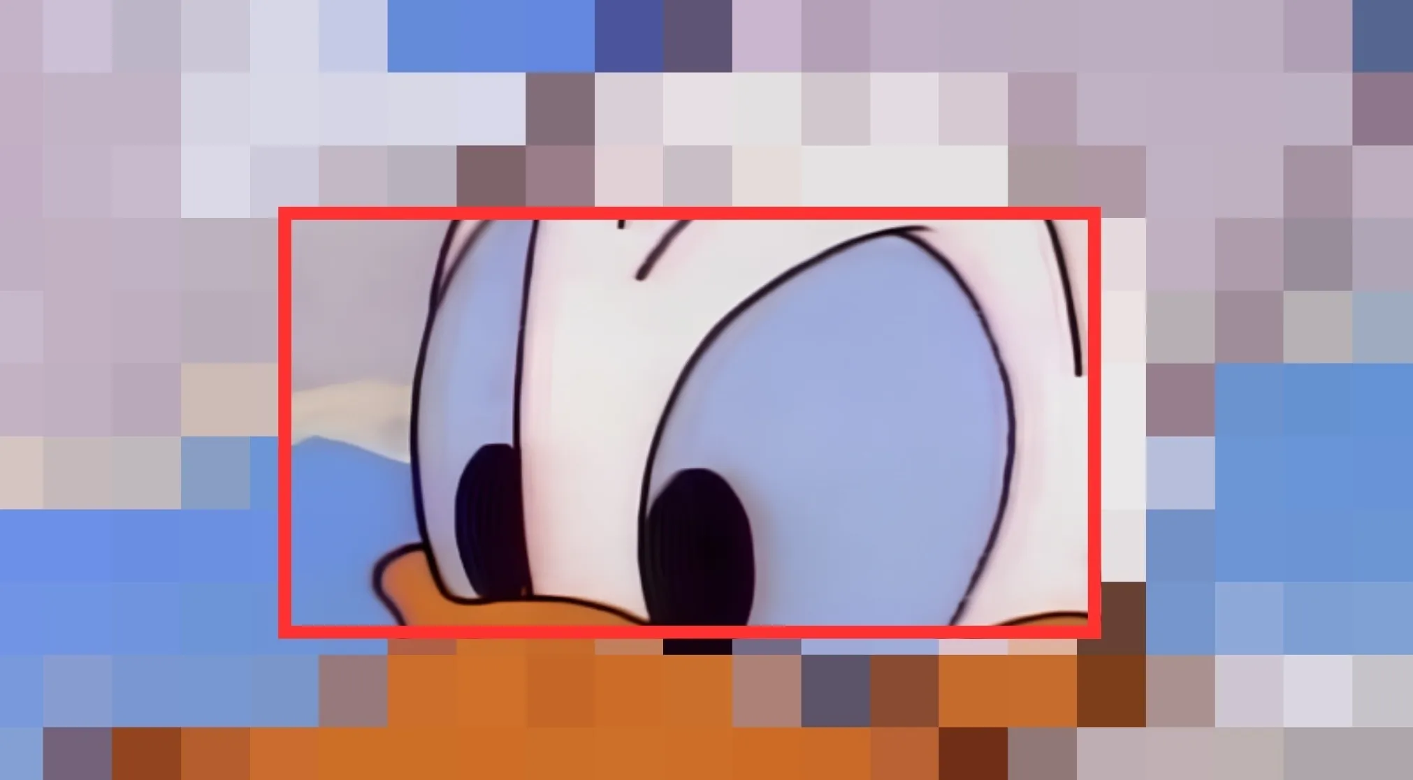 A close-up of a Disney character's animated eyes. They are blue with large black pupils, framed by white and a hint of orange.