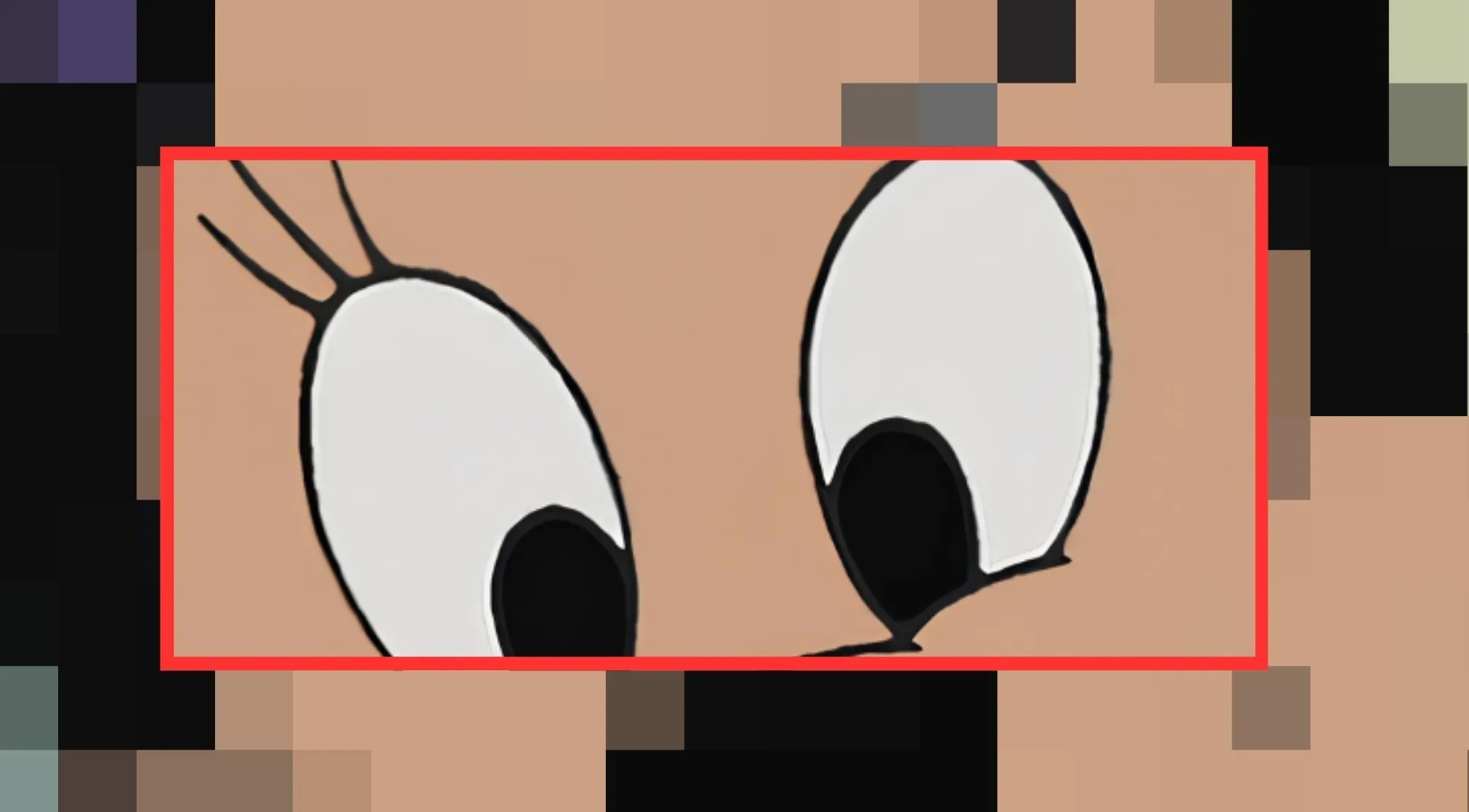A close-up of cartoon eyes, white with black pupils and thin lashes, on a light brown background. Guess the Disney character from these eyes.