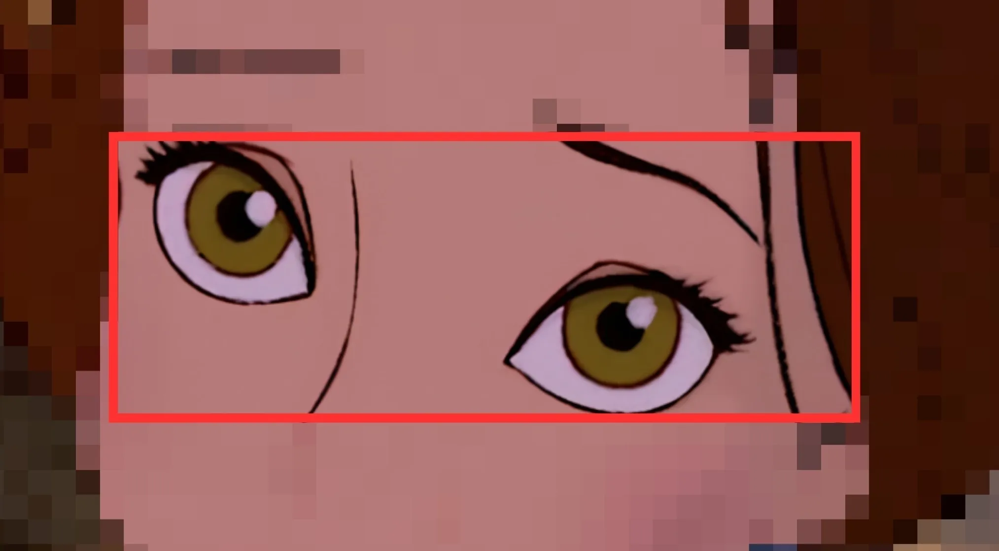 Close-up of a Disney Princess's eyes, featuring large olive green irises and distinct black eyeliner.