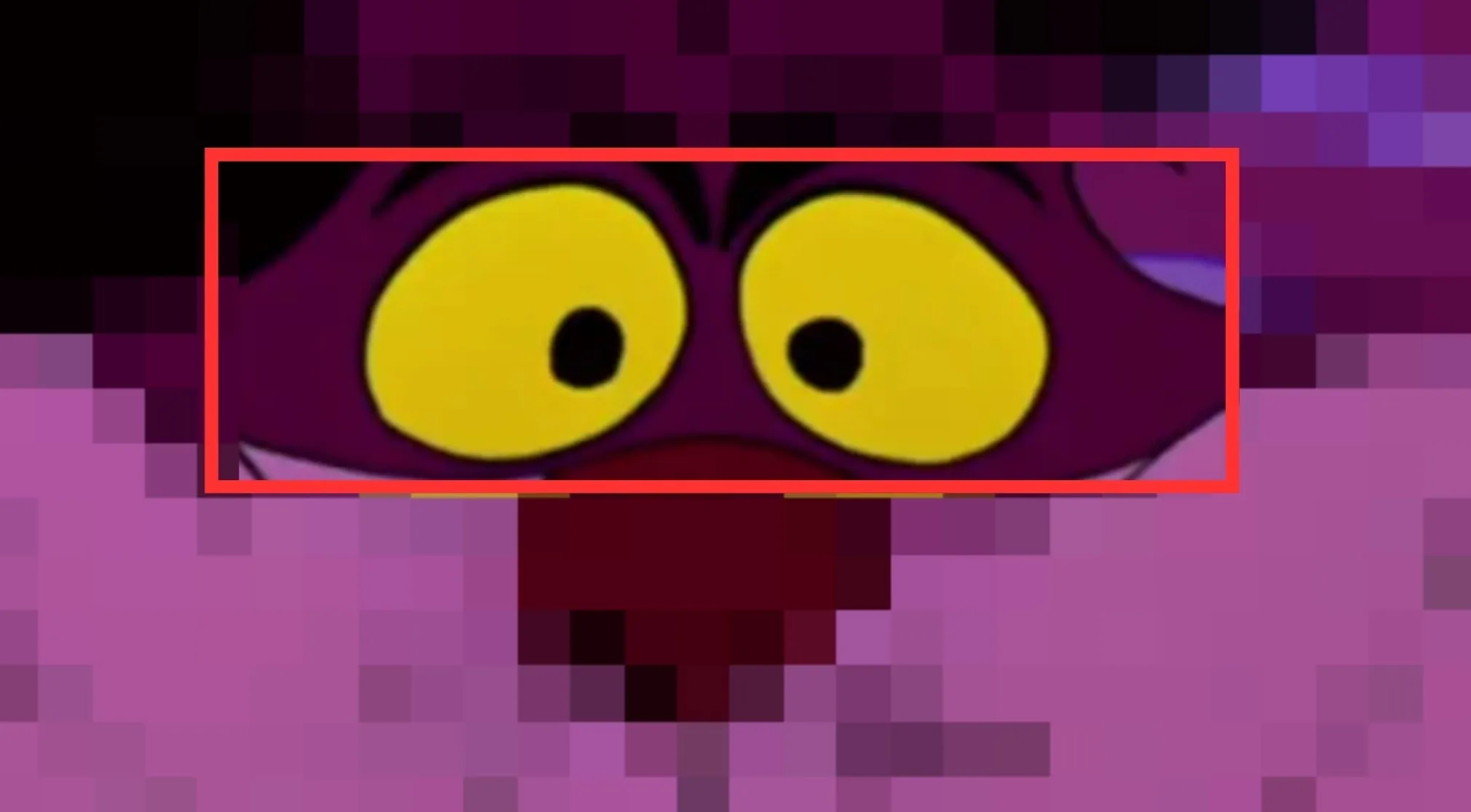 Close-up of a cartoon character's wide yellow eyes and dark pupils on a purple face, highlighted by a red box, for Disney Characters.