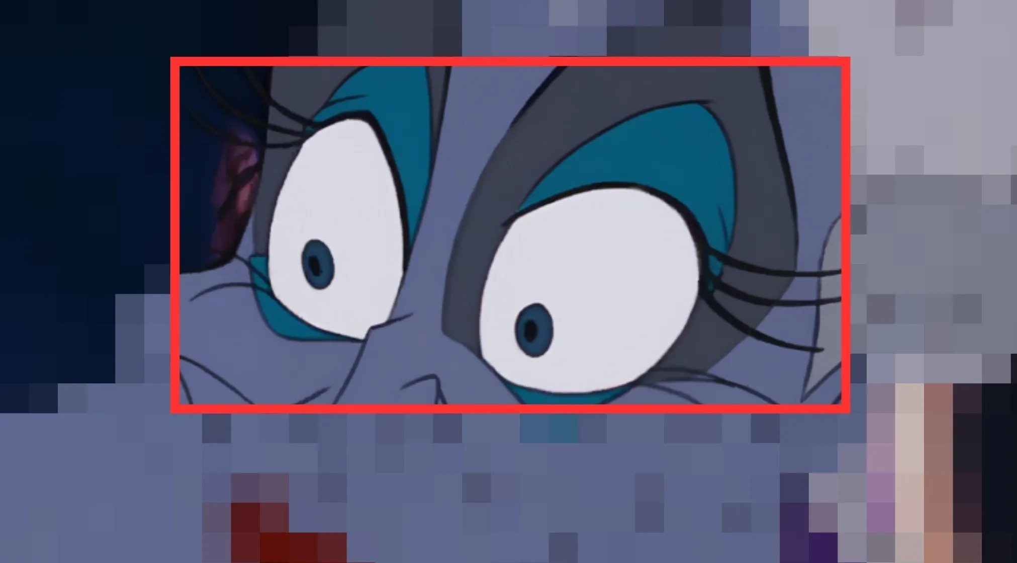 Close-up of a Disney character's surprised eyes with blue irises and prominent eyelashes, part of a Disney characters quiz.