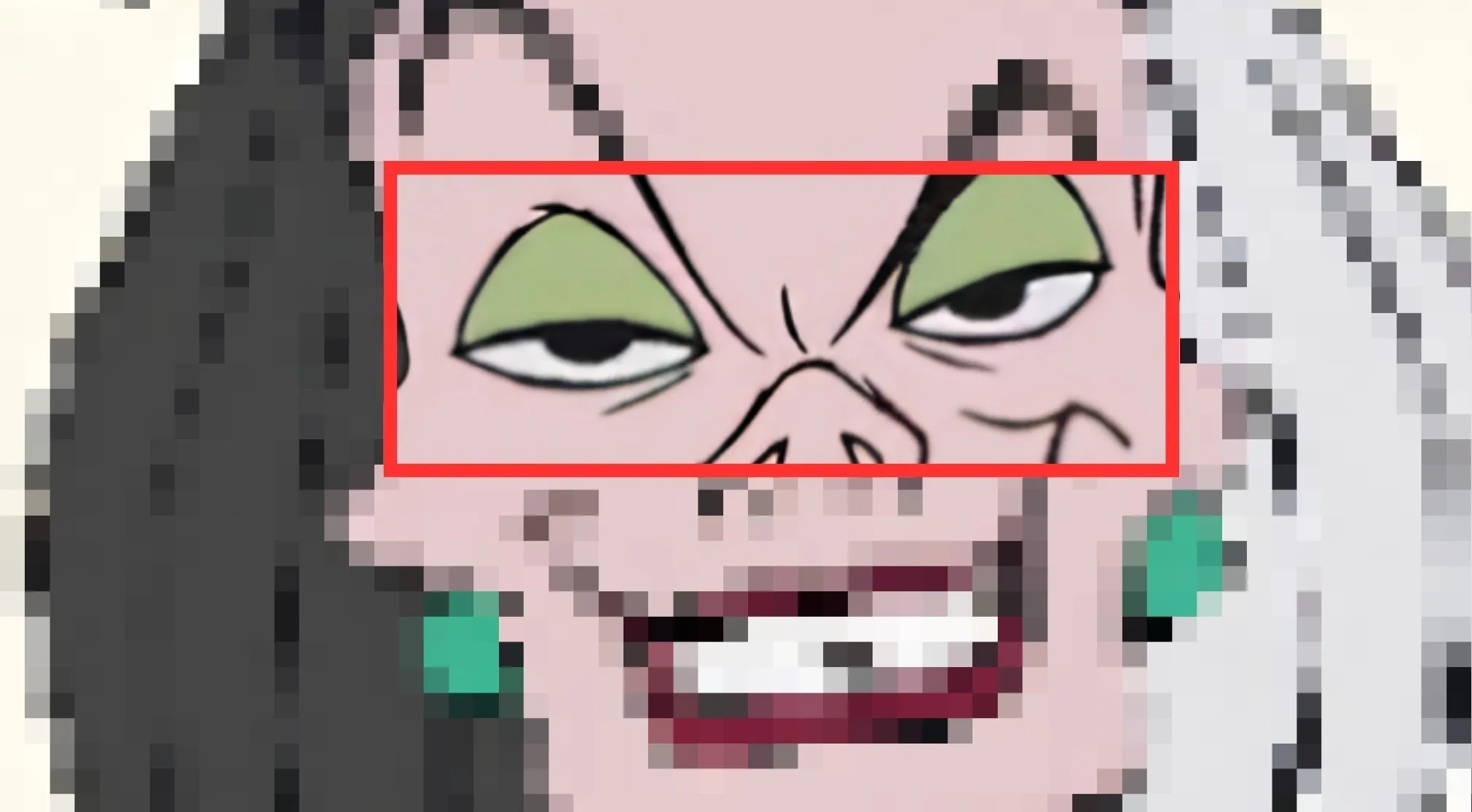 Close-up of animated Disney characters eyes with green eyeshadow and a sneer, part of a guess-the-eyes game.