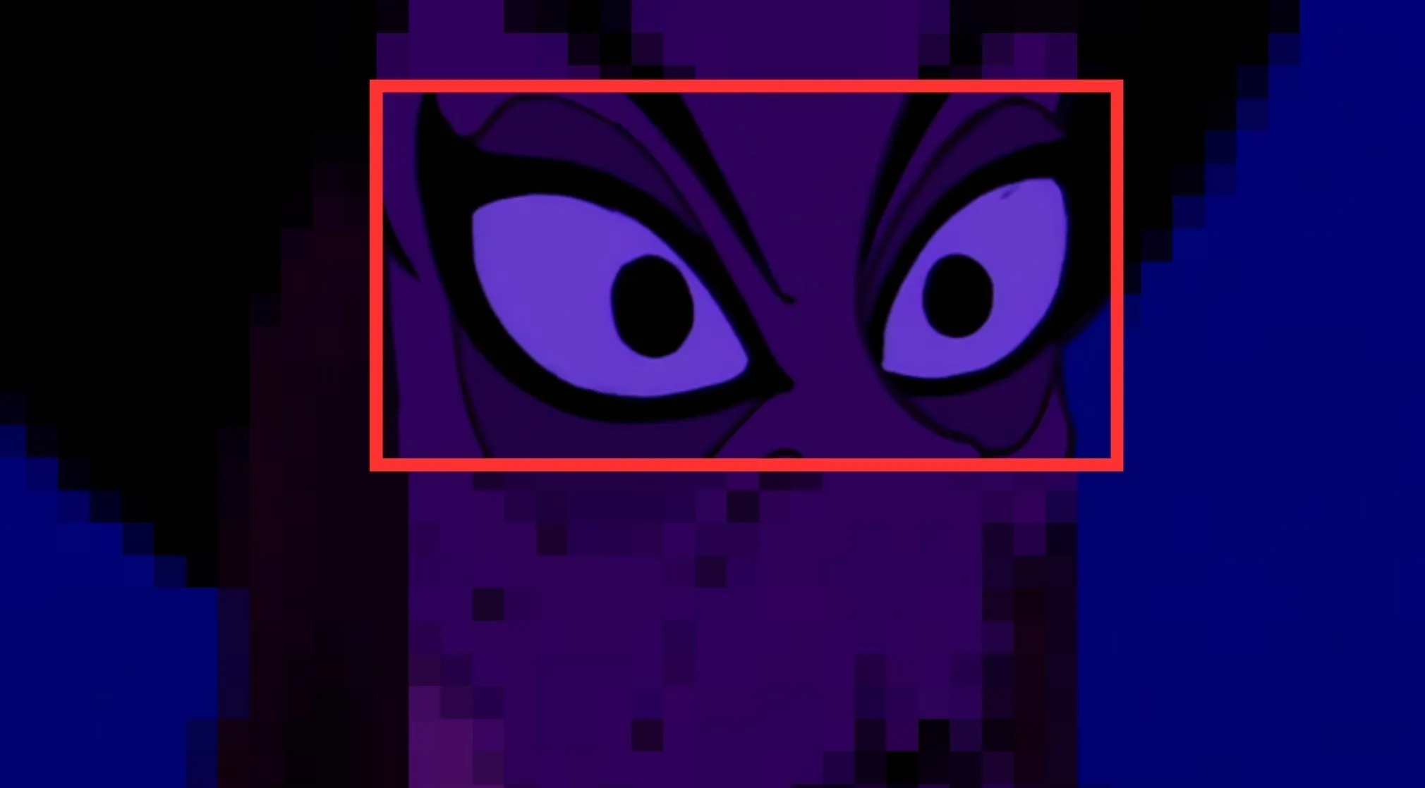 Close-up of a Disney character's eyes, looking intently. The eyes are purple with black pupils, surrounded by dark lashes.