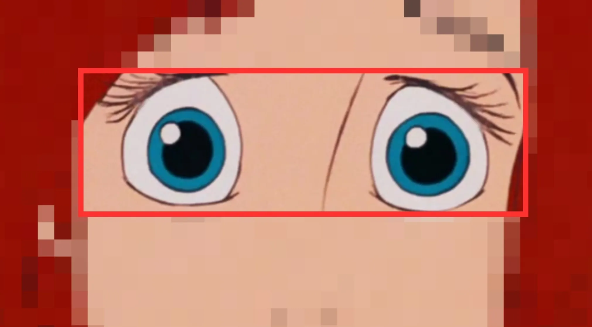 Close-up of a Disney Princess's eyes, featuring large blue irises and dark lashes, with red hair pixelated in the background.