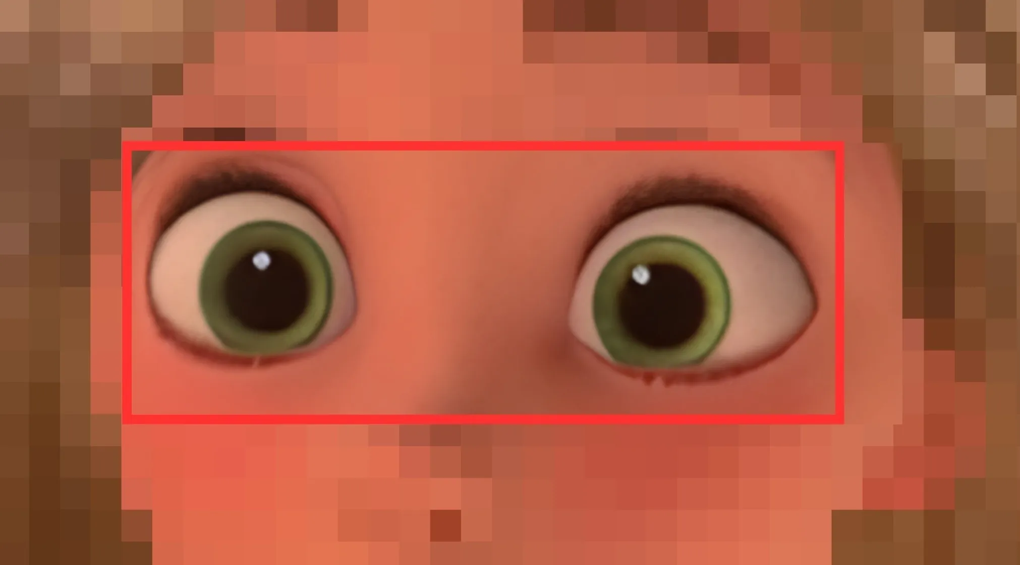 Close-up of a Disney Princess's vibrant green eyes, partially pixelated, challenging viewers to identify the character.