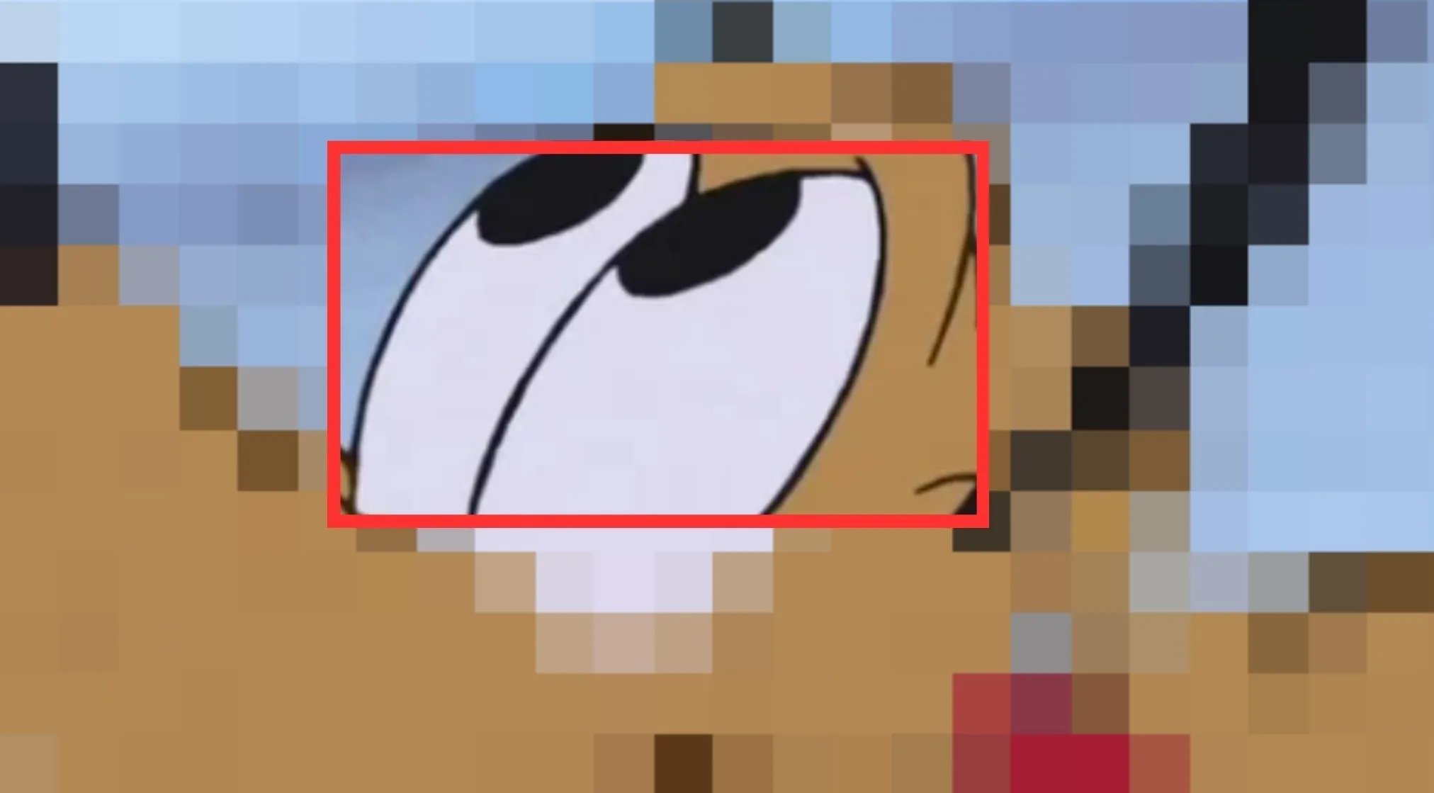A close-up of a Disney character's surprised eyes with black pupils, part of a quiz to name the fictional character.