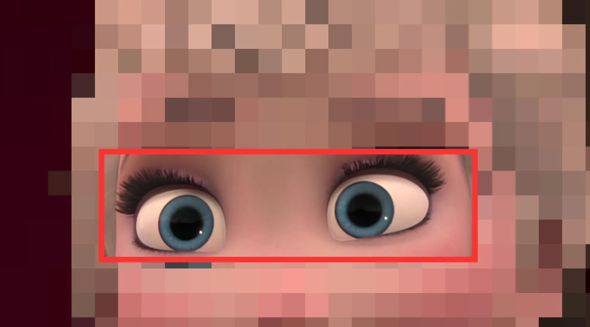 Close-up of pixelated face with an unpixelated red box highlighting blue eyes. Guess these Disney characters eyes!
