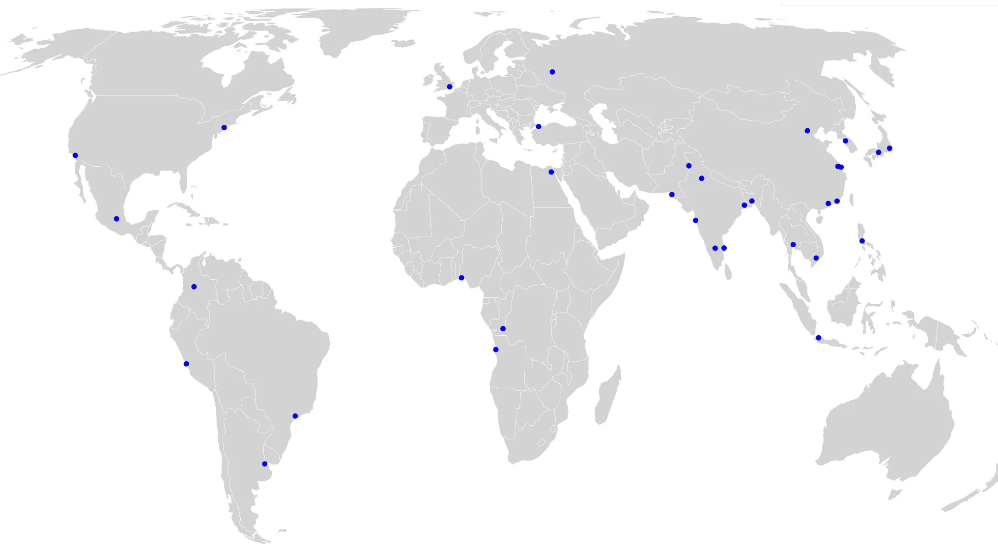A world map showing blue dots marking major cities located near coasts, illustrating why most major cities are located near the coast.