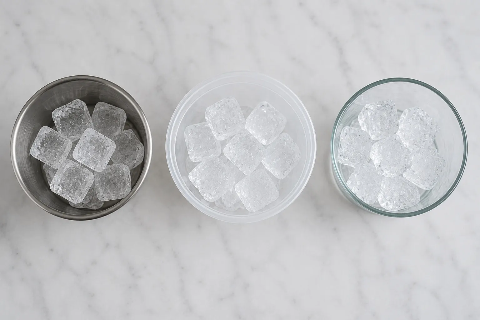 Three containers - metal, plastic, and glass - each hold identical ice cubes. A student investigates Science.