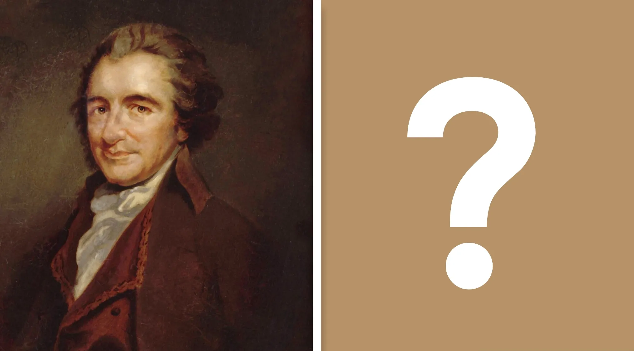 A portrait of Thomas Paine next to a question mark. US history, Common Sense.
