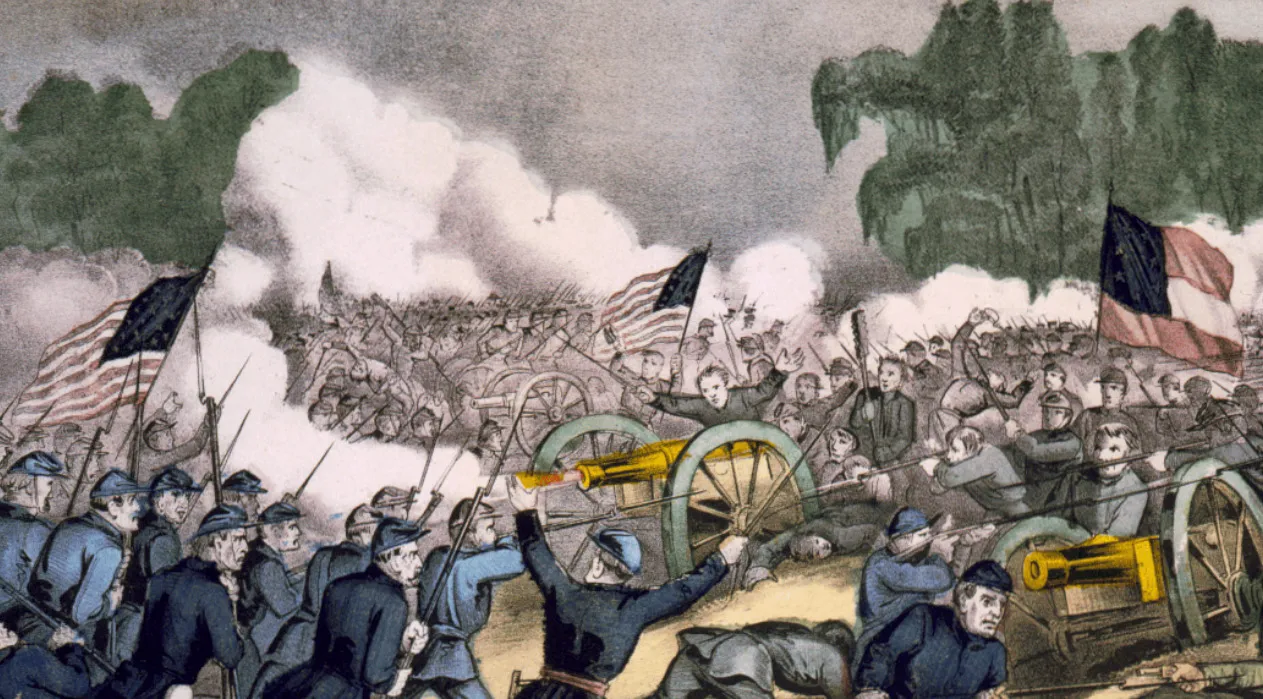 An intense U.S. Civil War battle scene with Union and Confederate soldiers, cannons firing, and flags flying. US History.