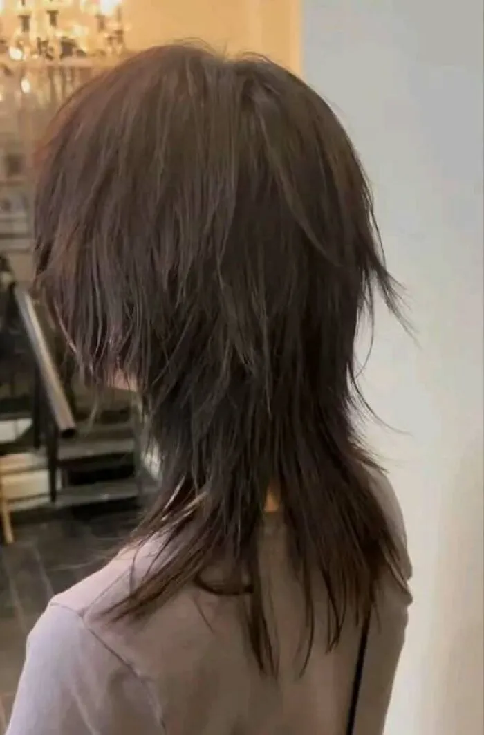 Person with a poorly executed choppy shag haircut, a hair salon disaster.