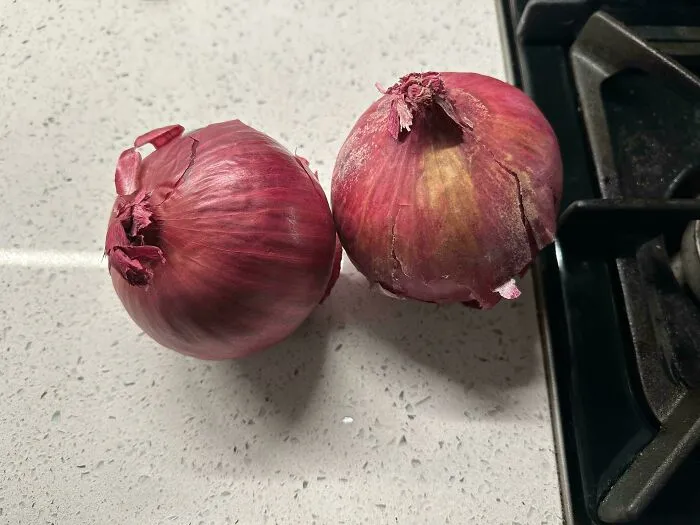 Two red onions on a kitchen counter, representing a disappointing food delivery fail when ordering something else.