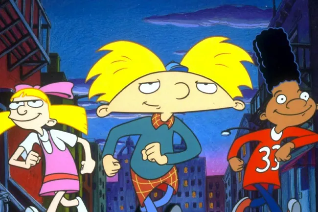 Hey Arnold! cartoon characters running: Helga in pink, Arnold in blue plaid, and Gerald in a red jersey.