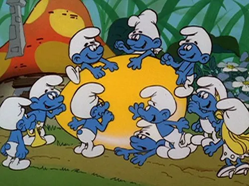 A group of happy Smurfs, a popular Saturday morning cartoon, gathered around a large yellow object in a whimsical forest setting.