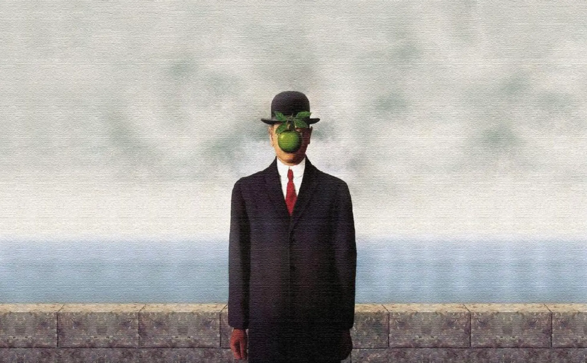 A man in a suit and bowler hat with a green apple obscuring his face. Pop culture quiz art.
