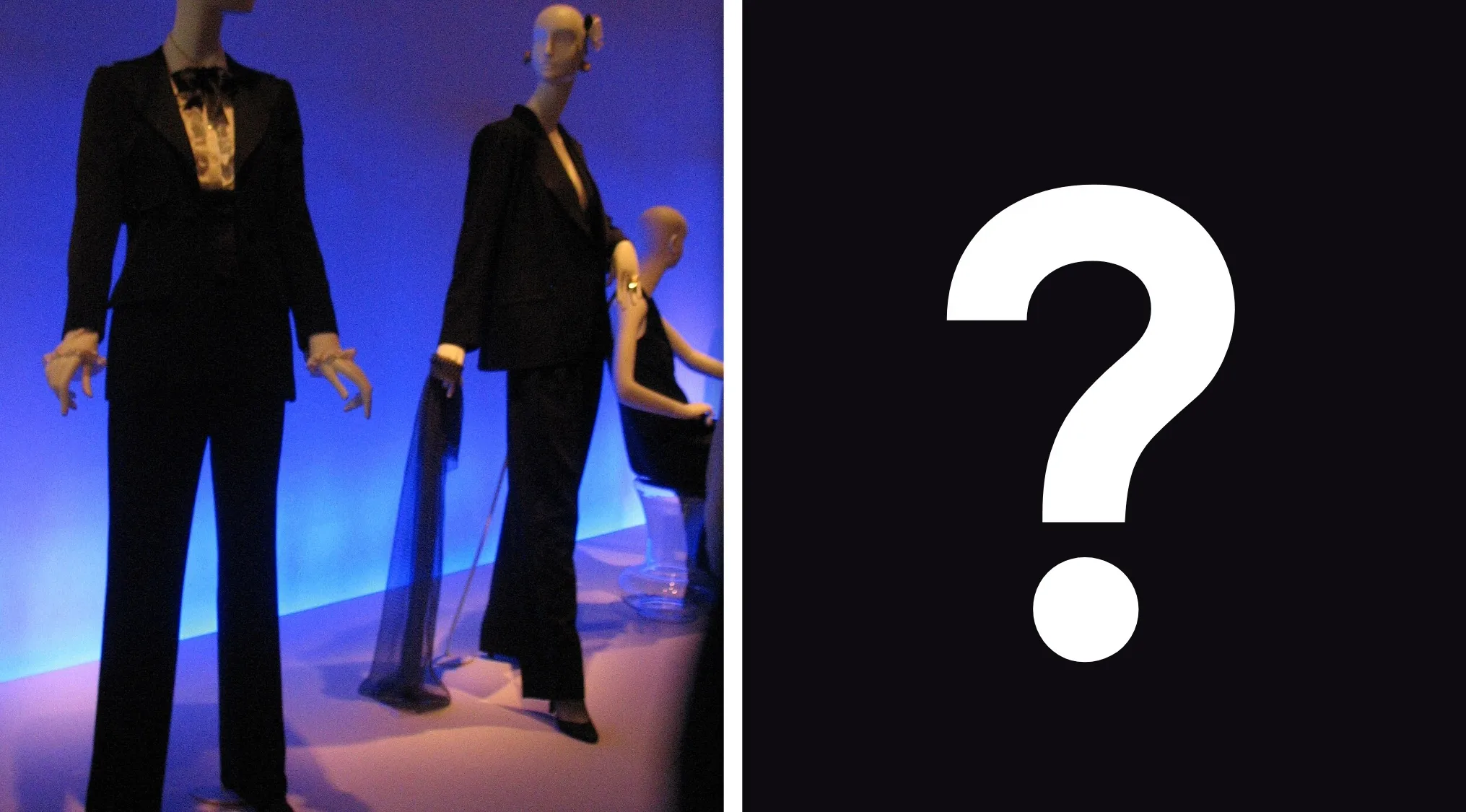 Mannequins display black designer suits on blue backdrop, with a question mark. Pop Culture From A to Z Quiz question.