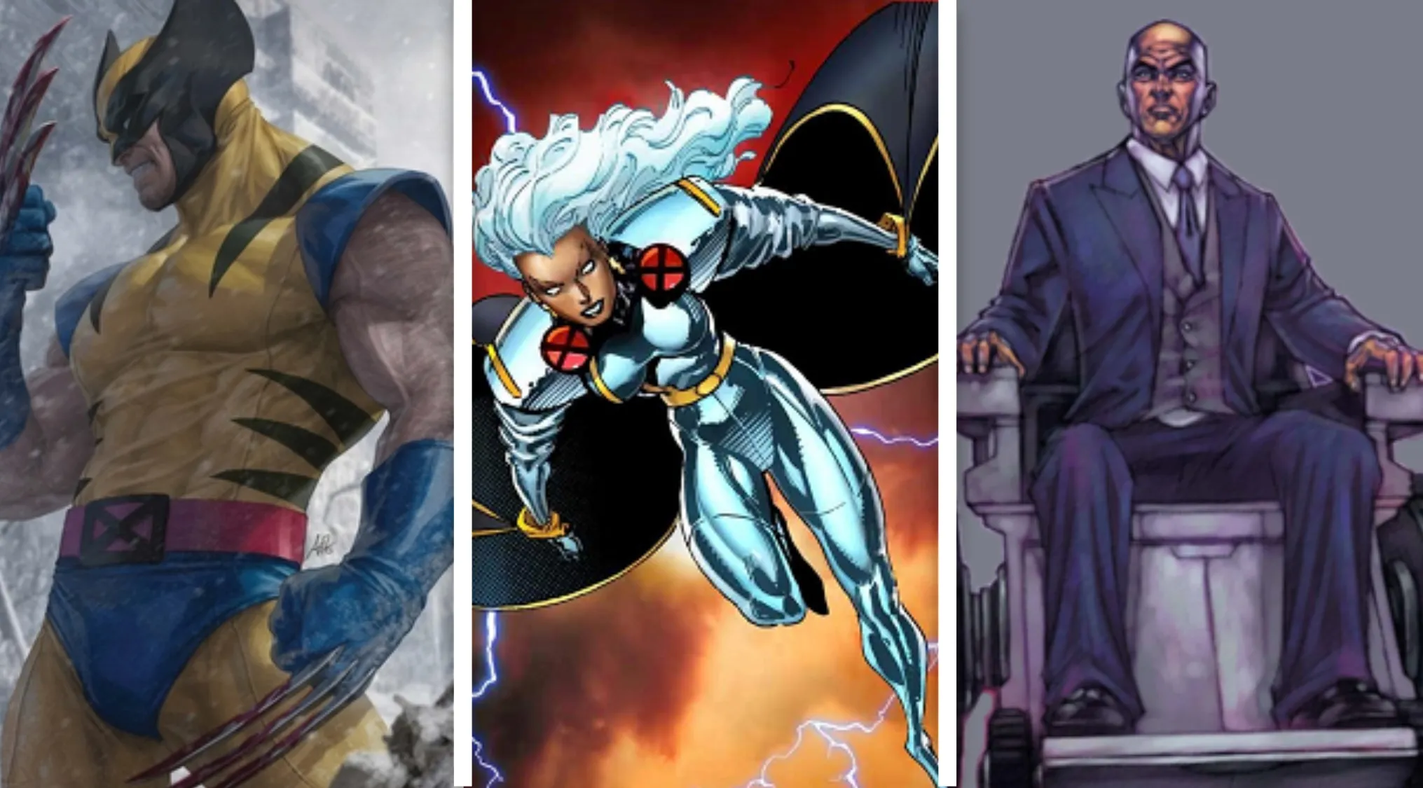 Wolverine, Storm, and Professor X in comic book art. A Pop Culture Quiz about Marvel superhero teams.