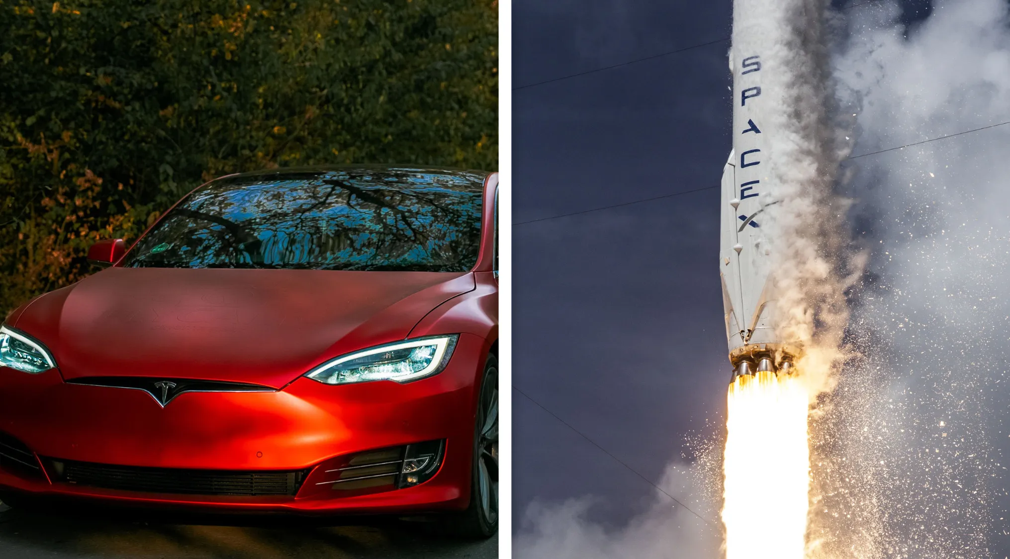 Red Tesla car and a SpaceX rocket launching with fiery exhaust. Pop culture A to Z quiz.