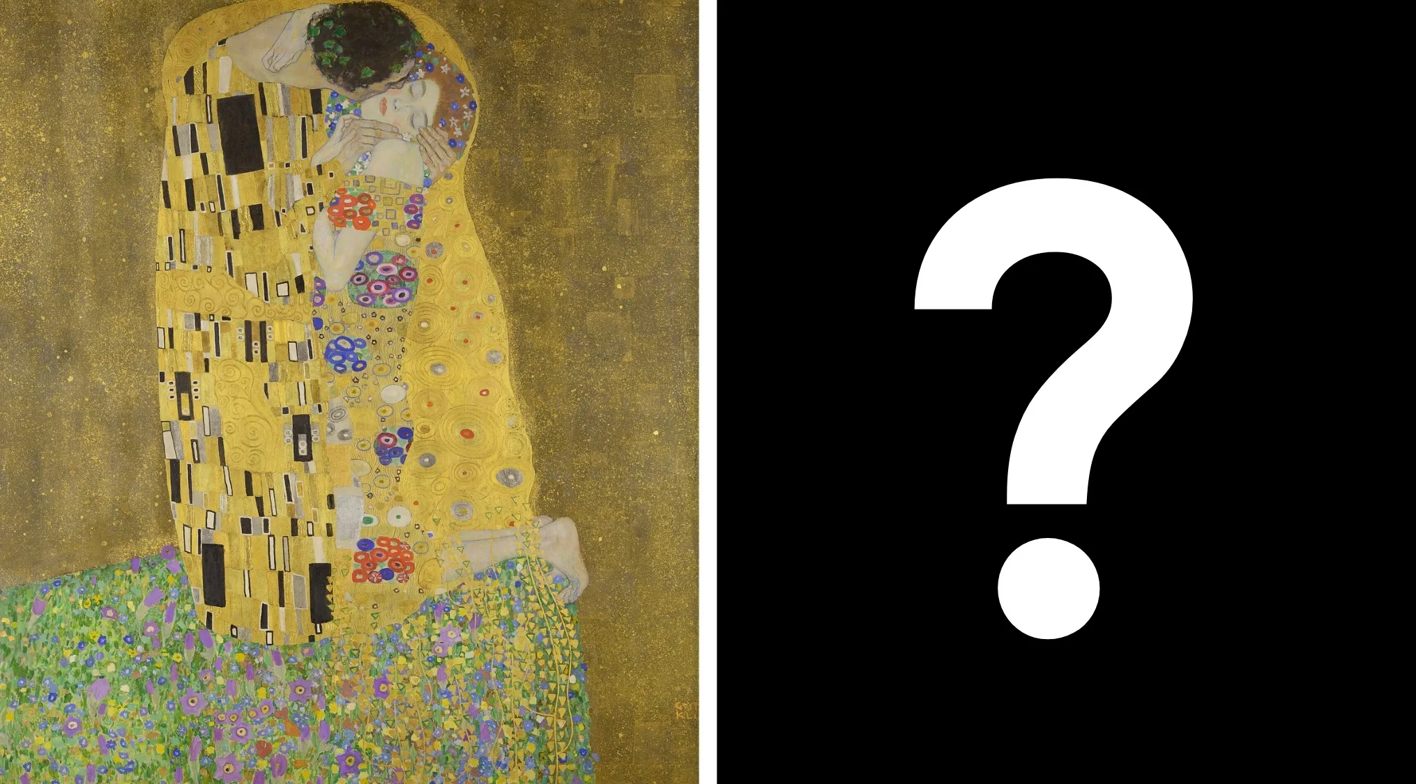 A pop culture quiz on The Kiss by Klimt next to a question mark, challenging you to identify the artwork.
