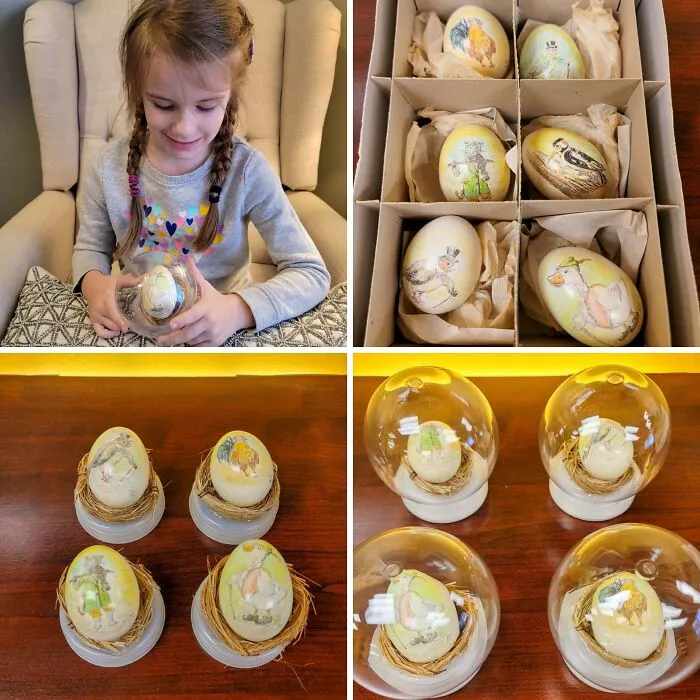 A young girl admiring an intricately painted egg, celebrating amazing fathers and the kind of parents the world needs.