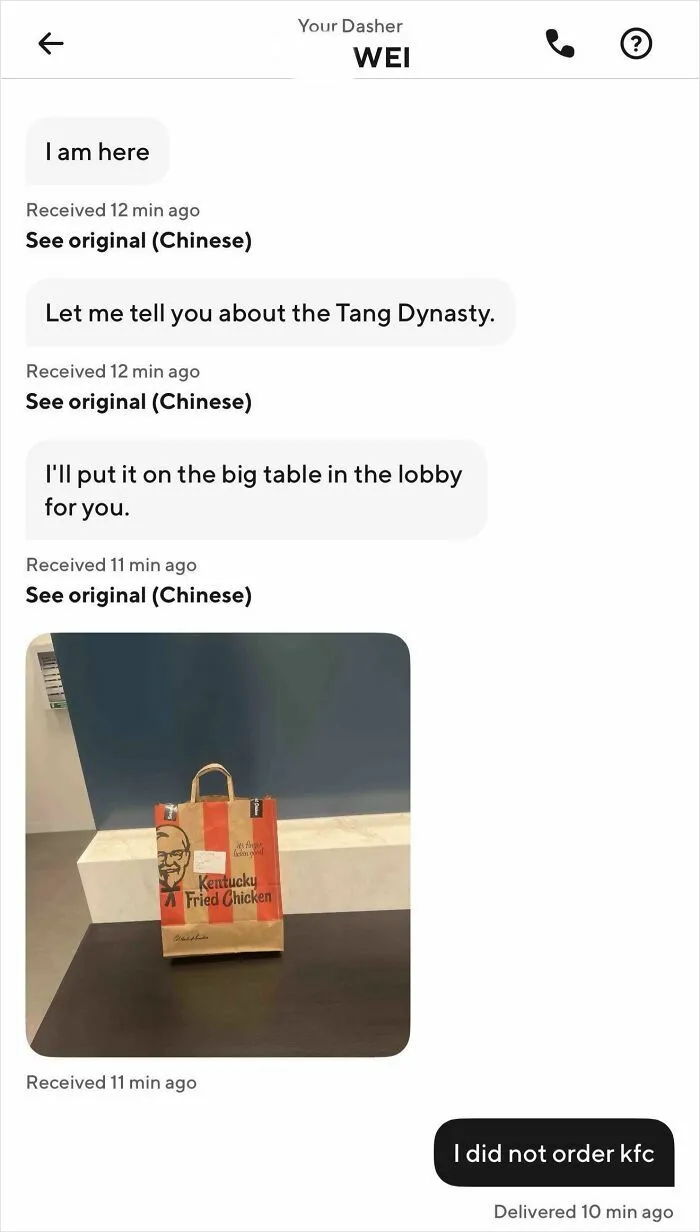 Screenshot of DoorDash conversation where KFC was delivered instead of the correct food, a food delivery fail.