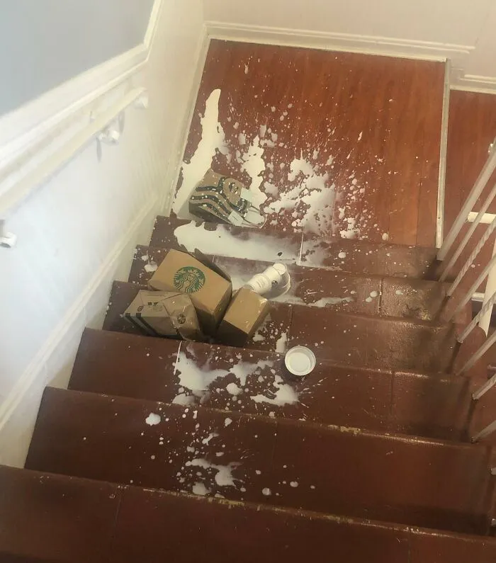 I Saw This On The Stairs In My Apartment After Hearing A Loud Noise And Being Notified That My Order Was Cancelled
