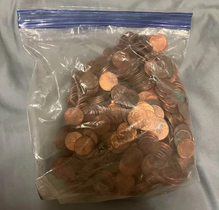 A plastic bag full of pennies, an example of a food delivery fail involving payment.