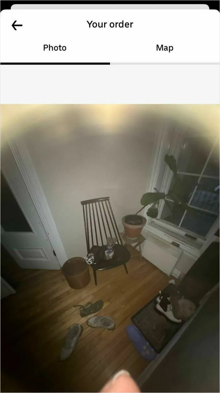 A dark room with a chair, plant, and shoes on the floor, suggesting a funny food delivery mix-up.