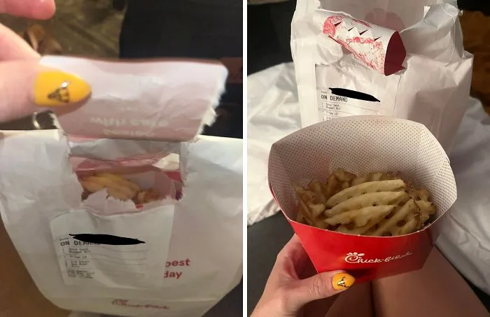 A ripped food bag next to a container of fries, showing a funny food delivery fail.