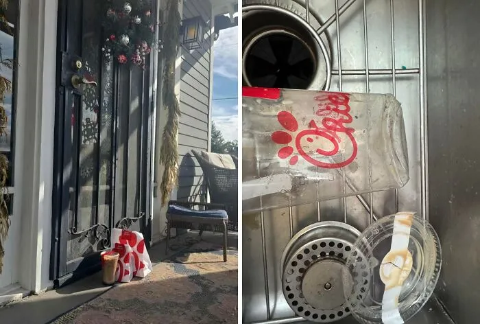 A split image showing a Chick-fil-A bag on a doorstep and dirty fast food containers in a sink, highlighting food delivery fails.