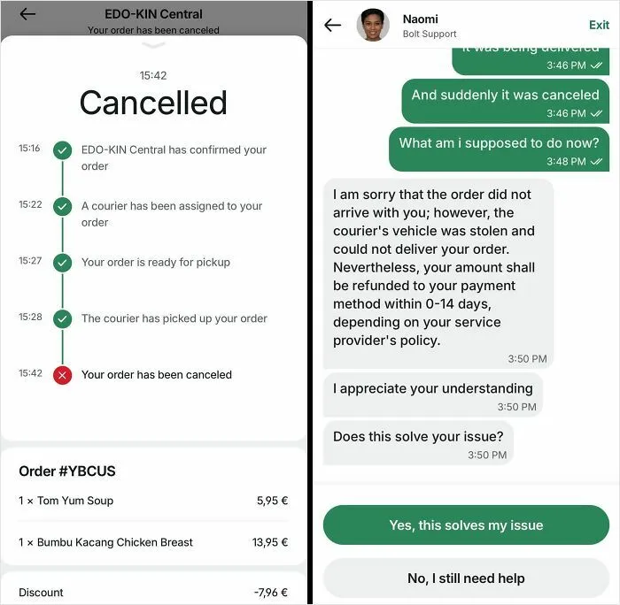 A cancelled food delivery order with a message explaining the courier's vehicle was stolen, a serious food delivery fail.