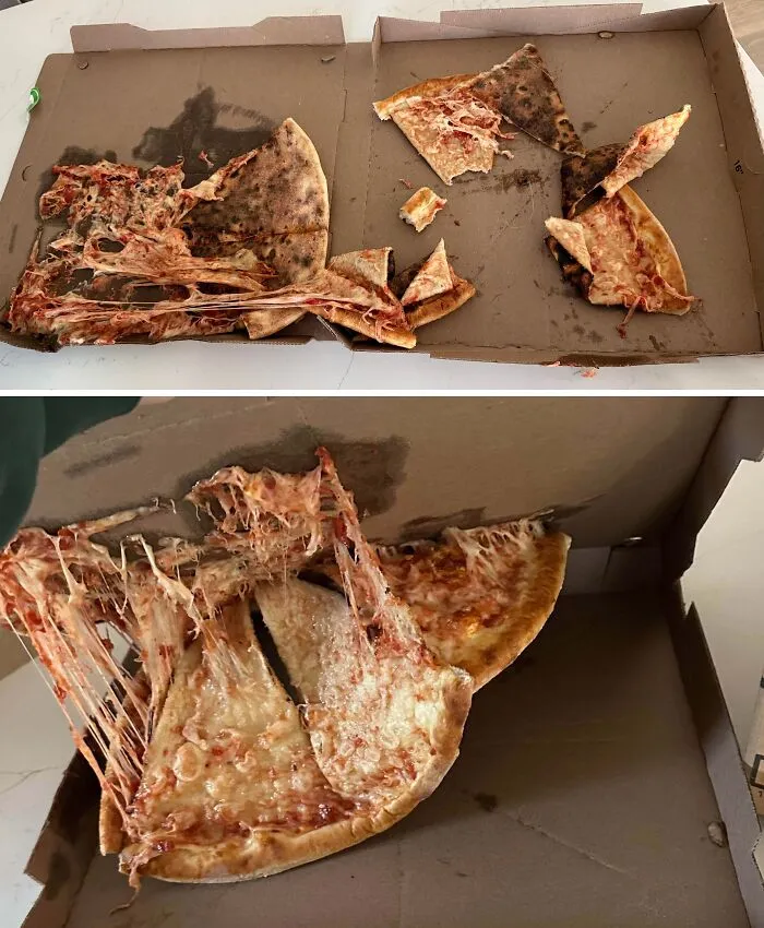 Two images of a messed-up pizza in a box, a funny and infuriating food delivery fail.
