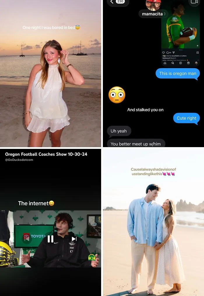 Collage of a woman on the beach, social media stalking, a man on the internet, and a couple, showcasing cute love stories.