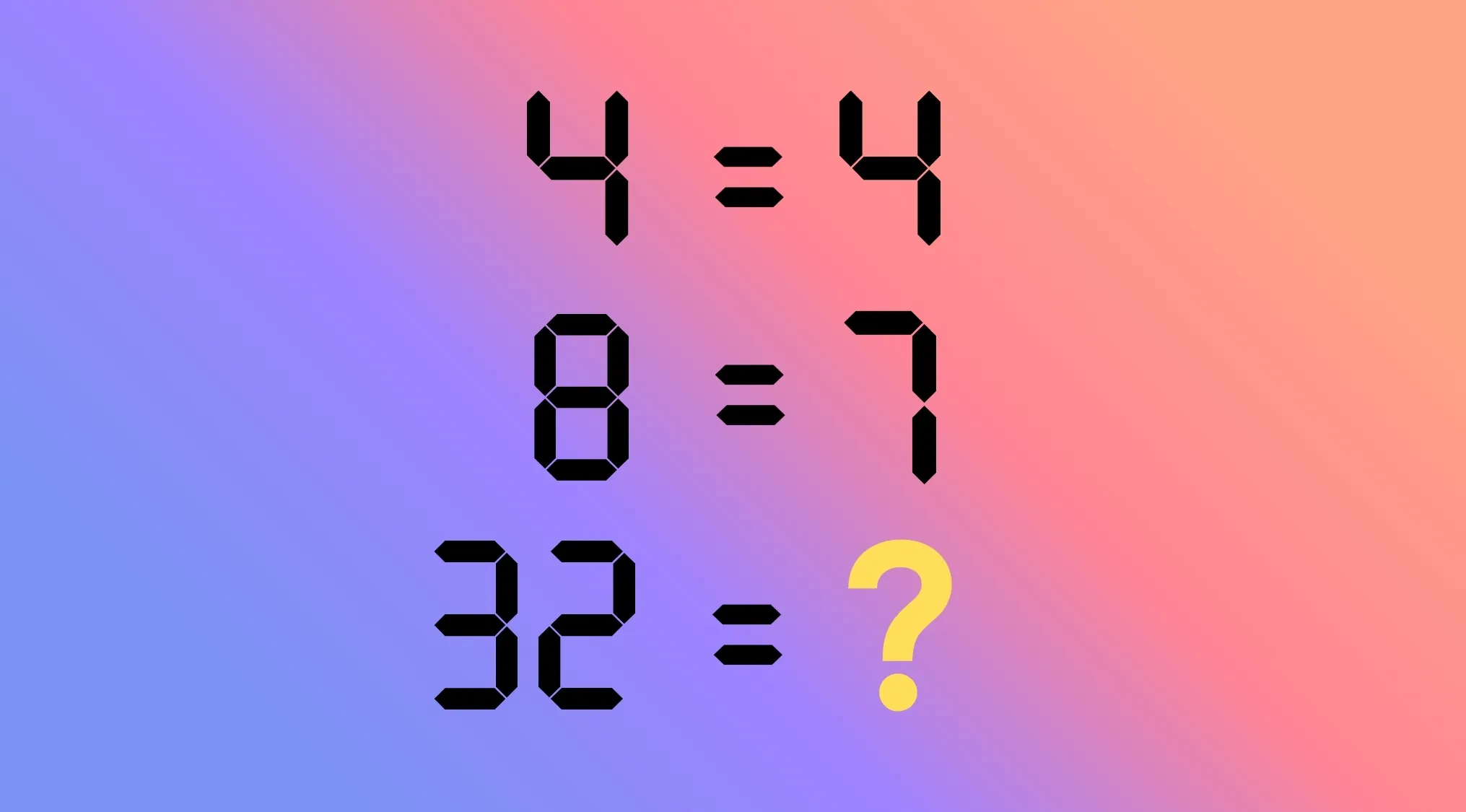 A tricky math riddle displaying digital numbers: 4=4, 8=7, and 32=?. A number puzzle on a colorful background.