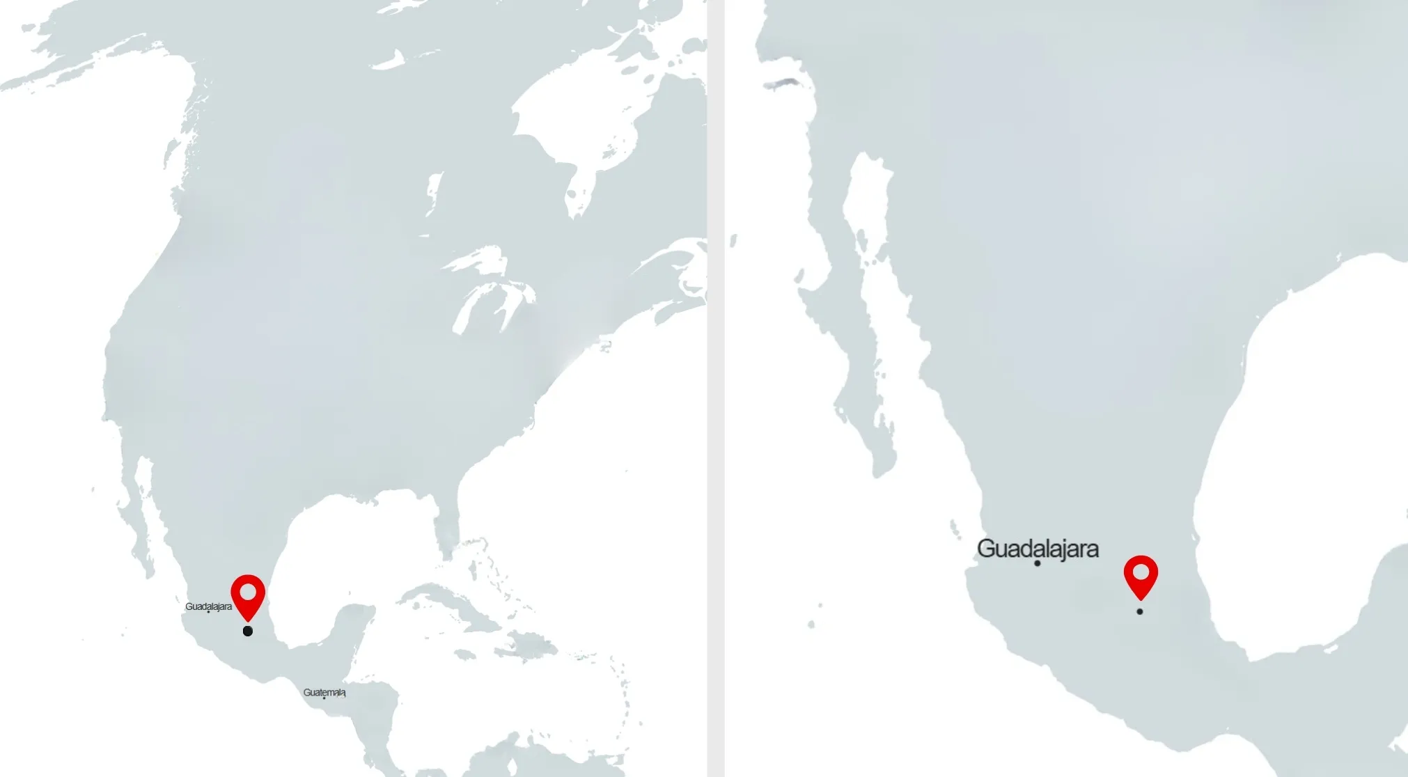A map with a red pin on Guadalajara, Mexico, challenging viewers to guess the capital from a borderless map.