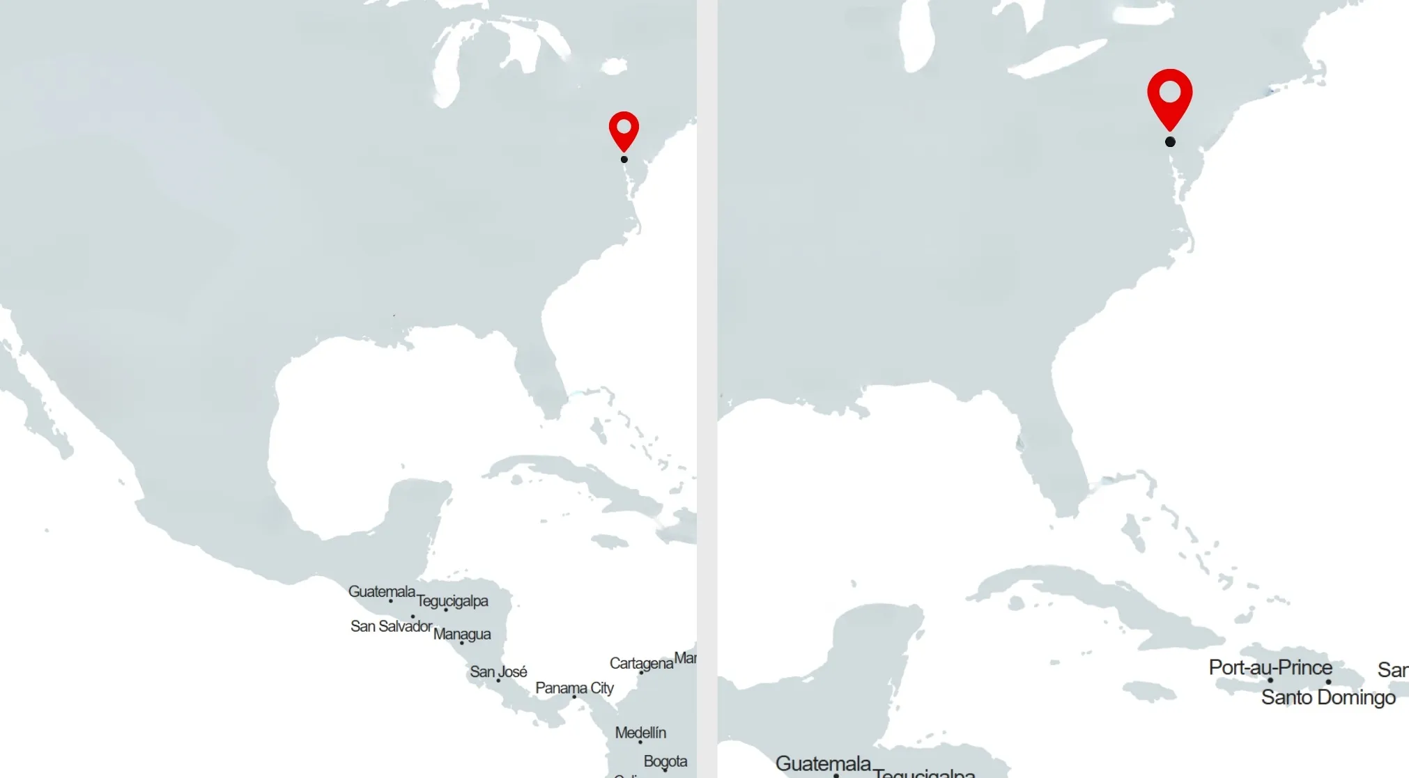 A borderless map showing cities in North and Central America, with a red pin on New York. Guess the capital.