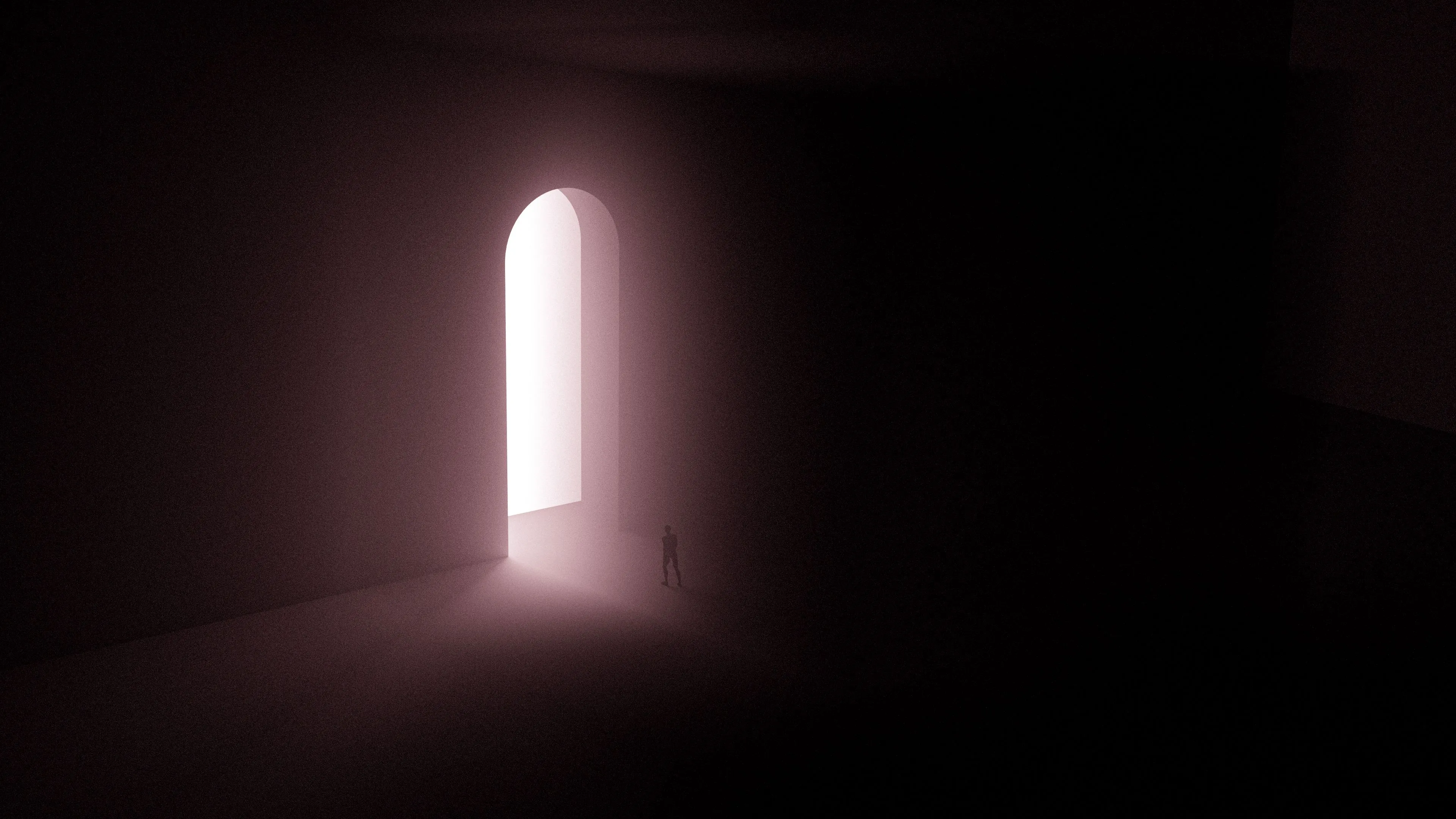 A small figure stands before a brightly lit archway in a dark room, symbolizing the fear of the unknown.