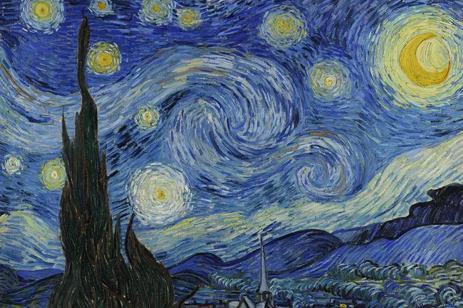 Vincent Van Gogh's Starry Night, a vibrant artwork with a swirling night sky and a cypress tree.