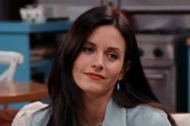 Monica Geller with long dark hair and a light blue jacket smirks slightly, looking to her right.