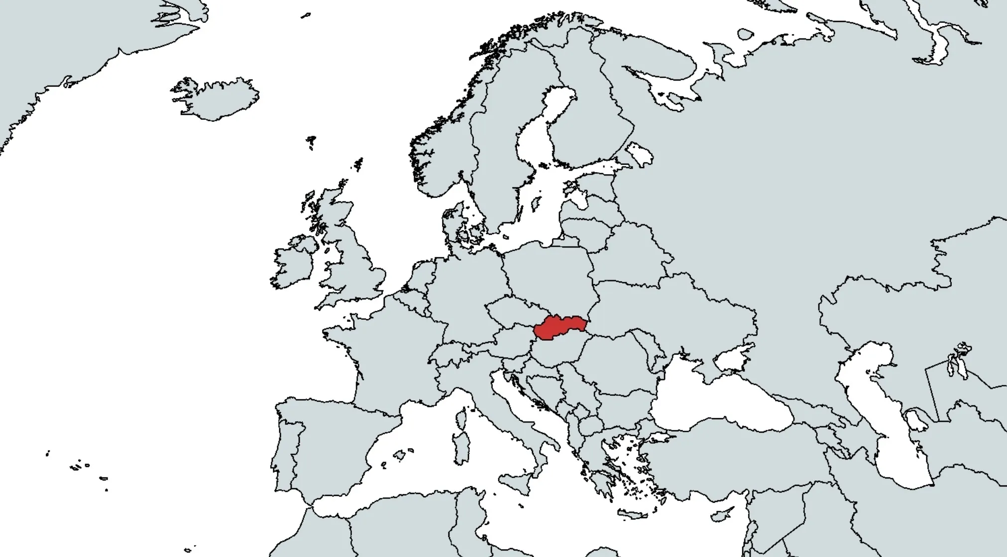 Map of Europe with one country highlighted in red. General Knowledge About Europe questions which country is shown.