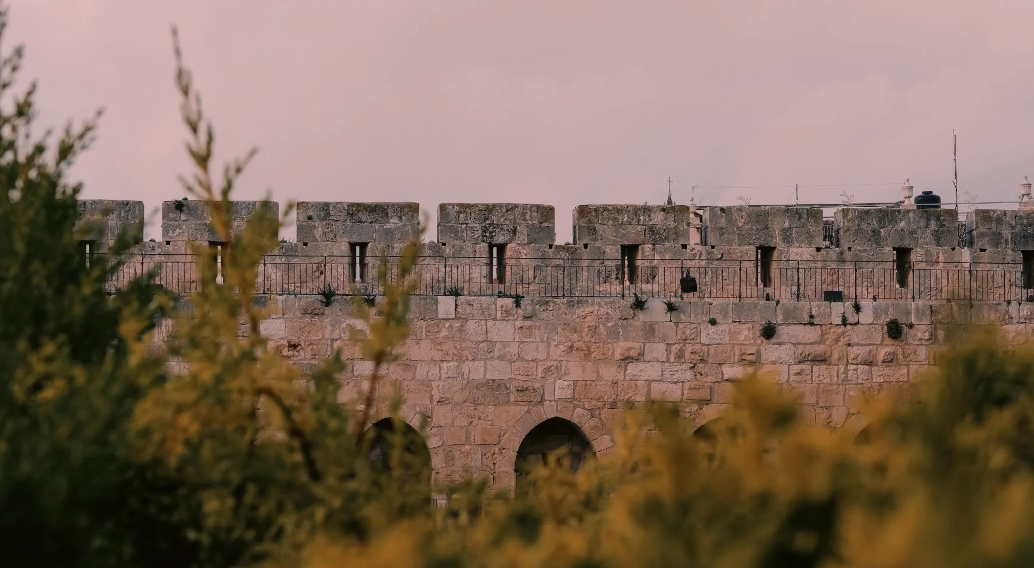 An ancient, high stone wall with arched openings, under a pale sky, partially obscured by green and yellow foliage. General knowledge about Europe and capital city remains divided.