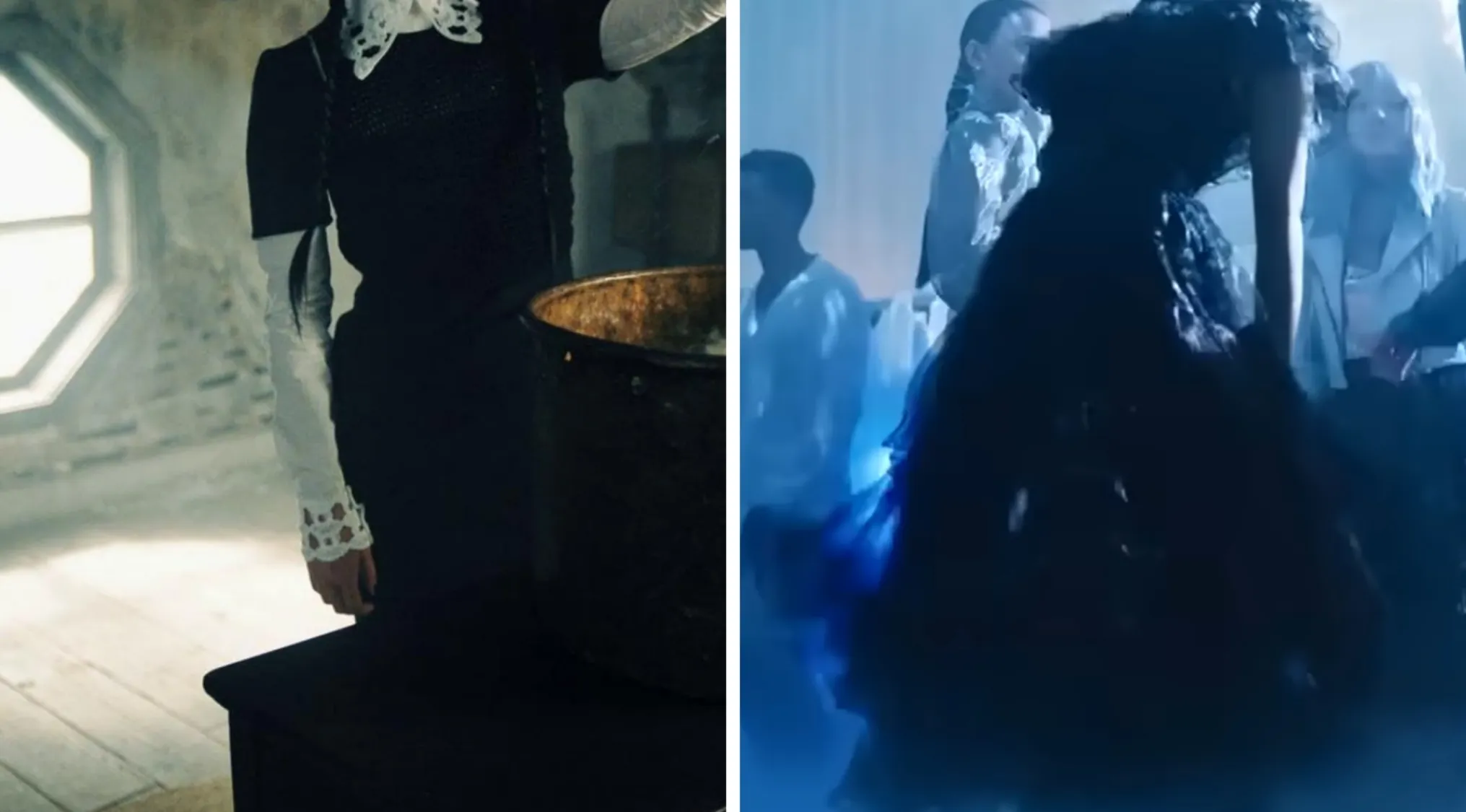 Main character TV show outfits: a split image with a character in a dark collared dress on the left and a dramatic dark gown on the right.