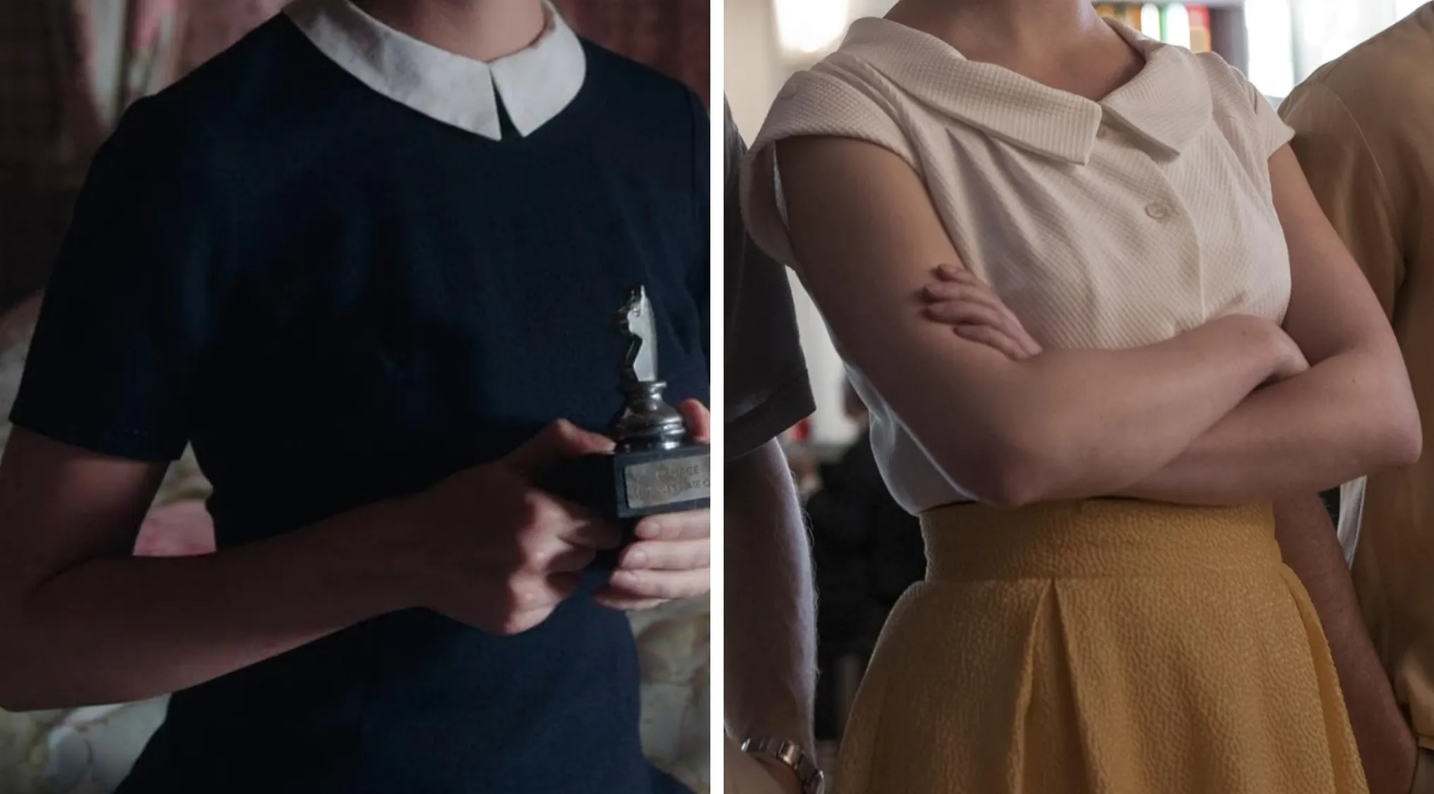 Two distinct TV show outfits: a navy dress with a white collar and a white top with a yellow skirt.