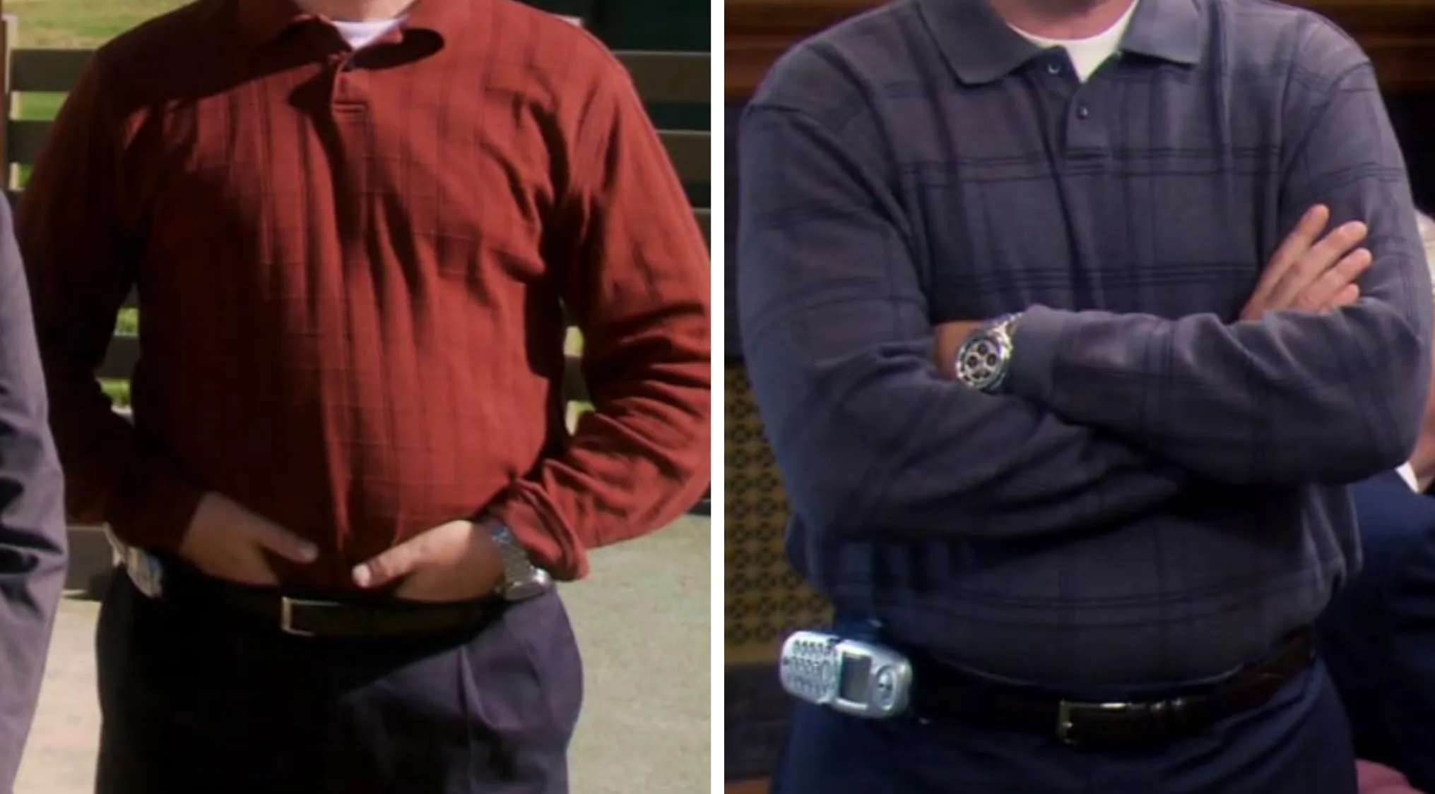Two distinct TV show outfits, both long-sleeved polo shirts in red and grey plaid, tucked into dark pants.