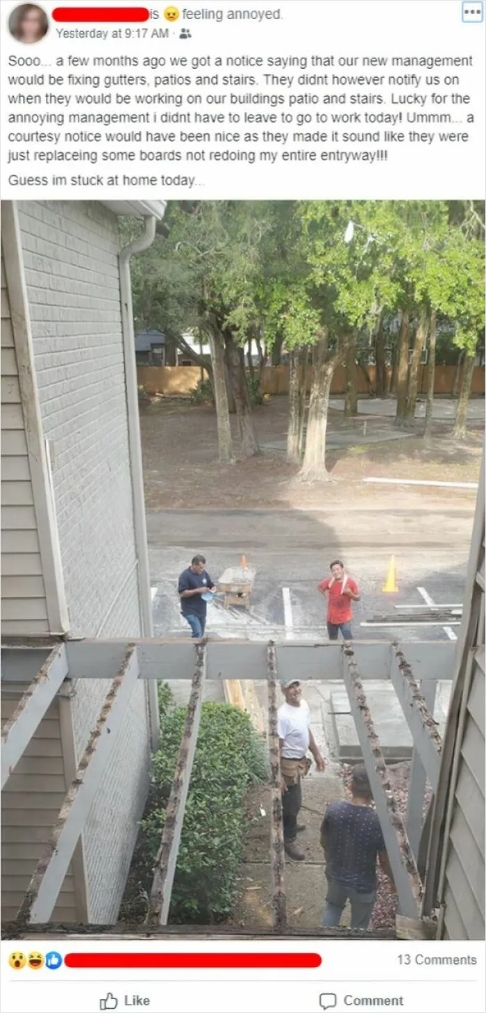 My Friend Woke Up To Her Entire Second-Story Patio Ripped Out. No Notice From The Landlord That This Was Happening