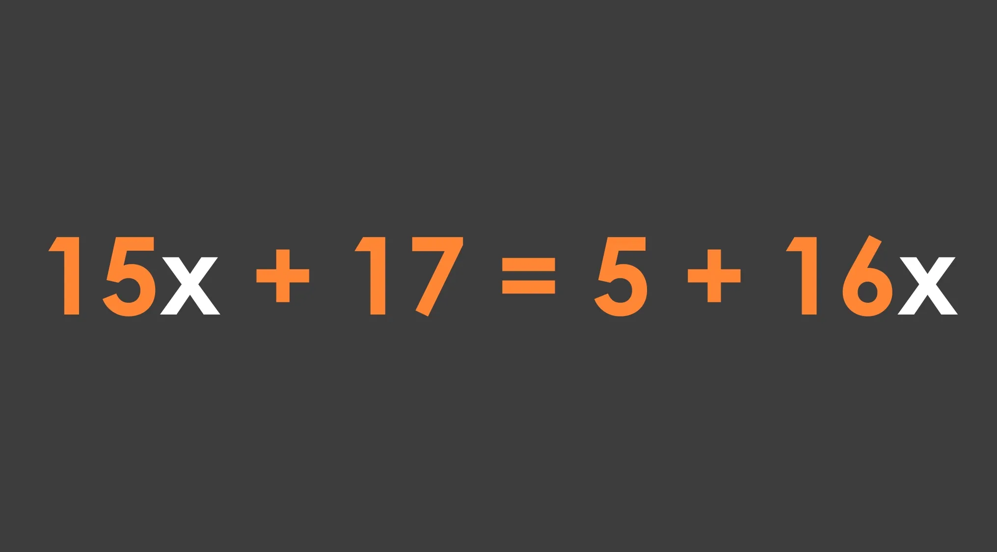 Basic math equation displayed: 15x + 17 = 5 + 16x. Solve the variable for x.