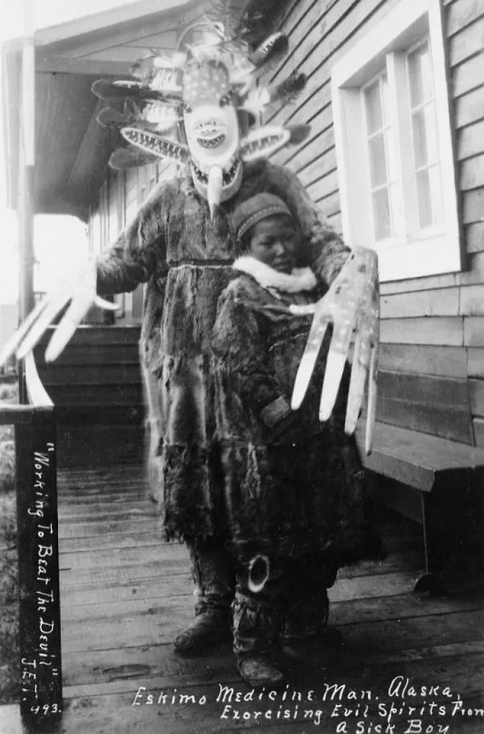 Yup'ik Shaman Exorcising Evil Spirits From A Sick Boy, Nushagak, Alaska, 1890s