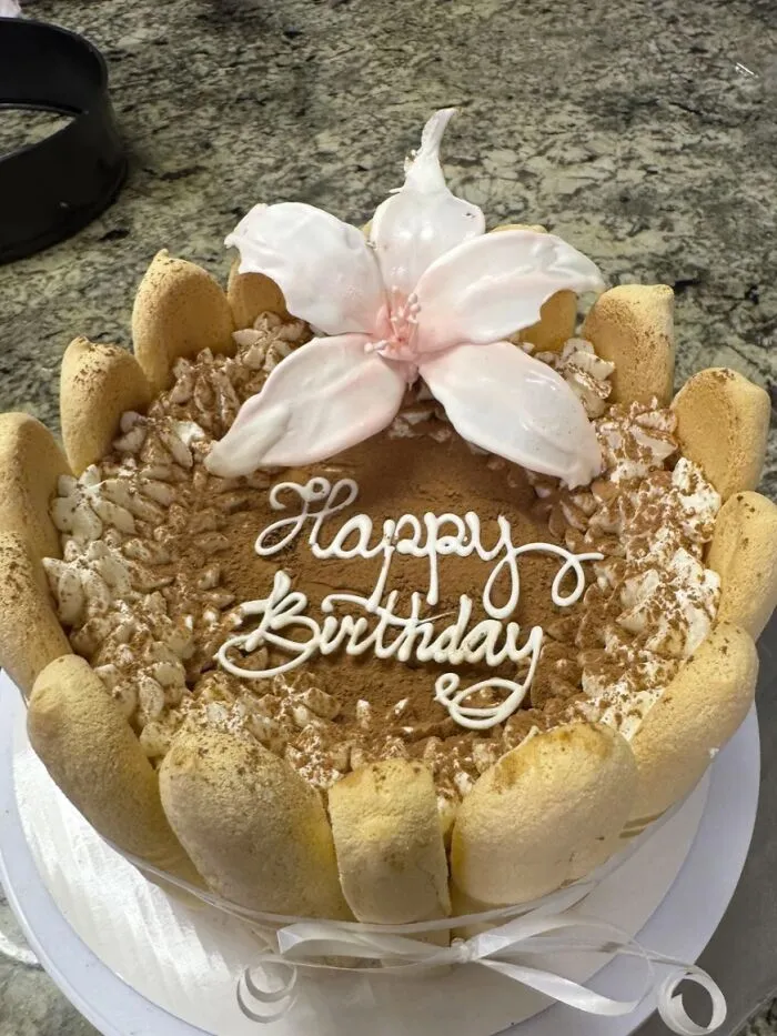 Decorated birthday cake with ladyfinger border and white flower topping